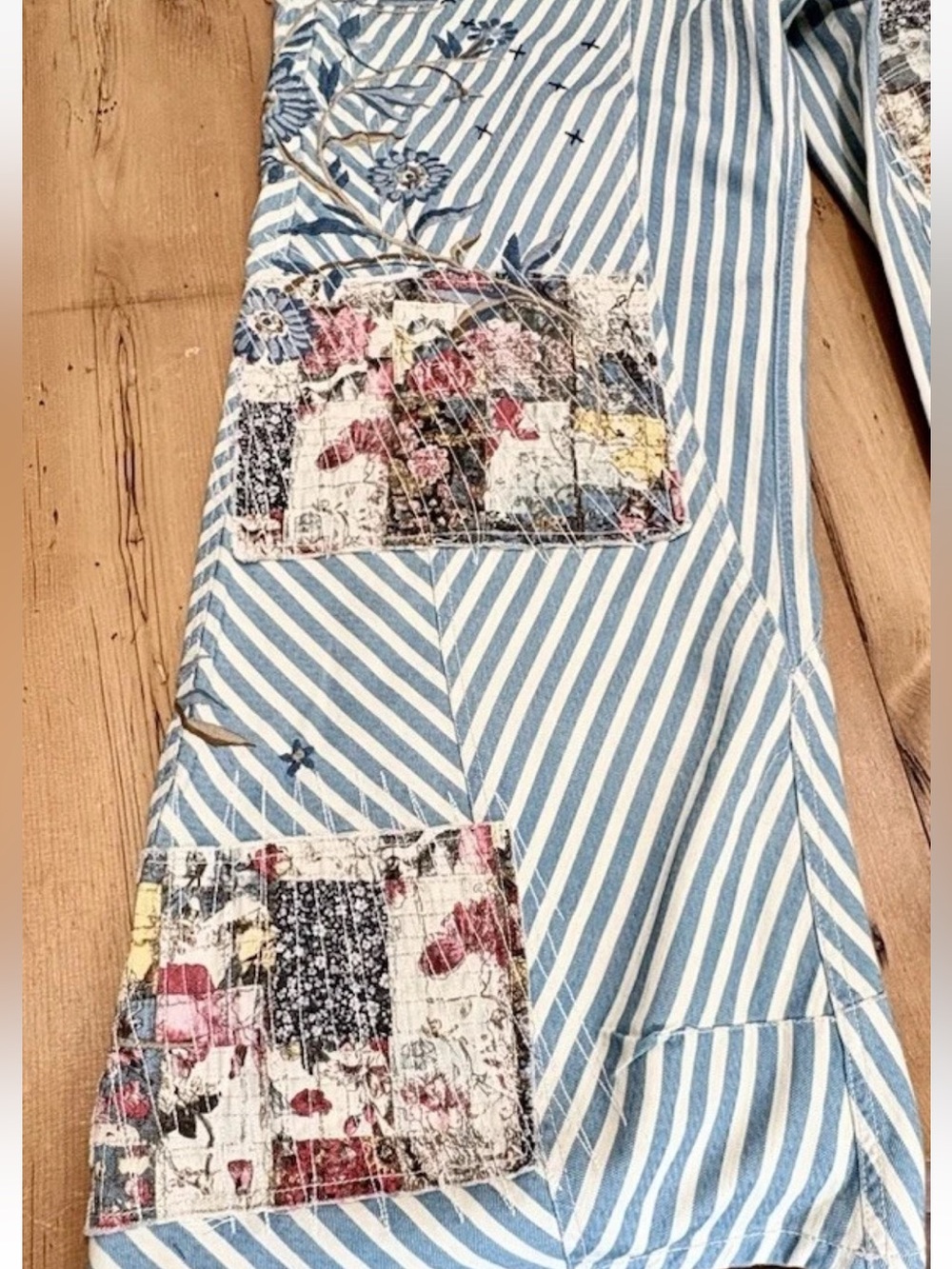 FREE PEOPLE Runyon Patched Pants - Wide Leg Striped Floral Patchwork - Picture 6 of 10